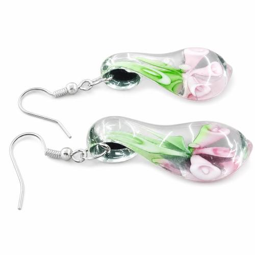 Lampwork падение Серьги, Лэмпворк, латунь крюк, Листок, цветок внутри длина:2.2 дюймовый, продается Пара