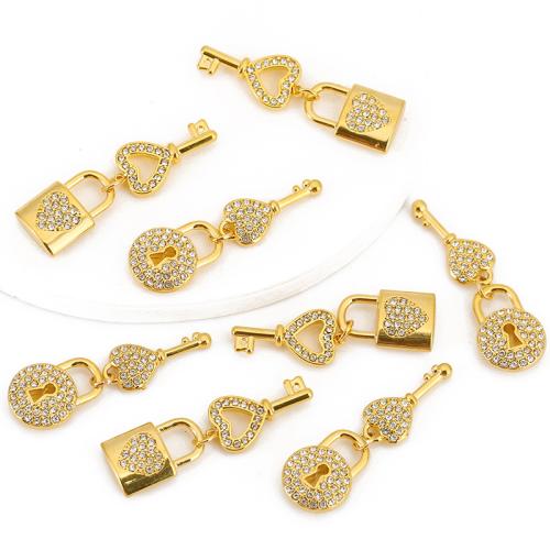 Cubic Zirconia Stainless Steel Pendant, 304 Stainless Steel, Lock and Key, gold color plated, DIY & micro pave cubic zirconia 