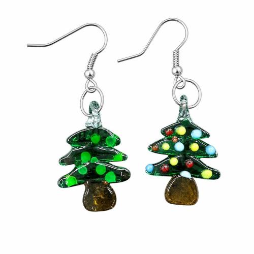 gota pendiente de cristal de murano, latón aro de pendiente, Árbol de Navidad, 28x18x4mm, longitud:2 Inch, Vendido por Par