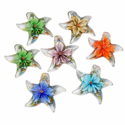 内側の花ランプワーク ペンダント, ランプワーク, ヒトデ, ハンドメイド, ボロシリケイトガラス, 無色 穴:約 売り手 パソコン