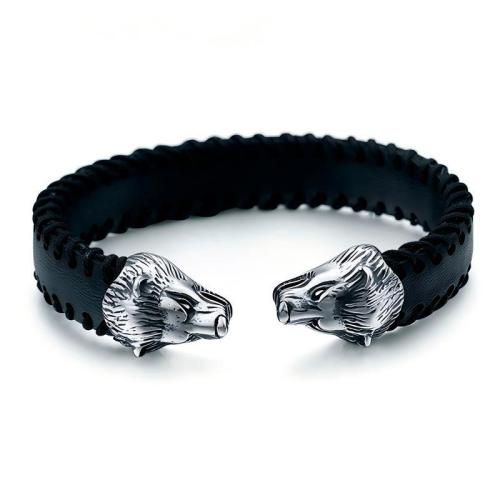 Partículas de acero Brazalete, con Cuero de PU, Lobo, Vintage & para hombre, Vendido por UD