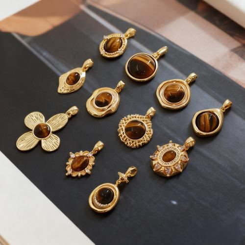 Colgantes del Ojo del Tigre, metal, con Ojo de tigre, chapado en color dorado, Bricolaje & diferentes estilos para la opción & micro arcilla de zirconia cúbica, pendant size 13-25mm, Vendido por UD