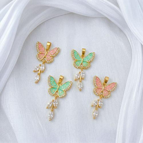 Colgante de Micro Pavé de Zirconía Cúbica, metal, Mariposa, chapado en color dorado, Bricolaje & micro arcilla de zirconia cúbica & esmalte, más colores para la opción, 17x28mm, Vendido por UD[
