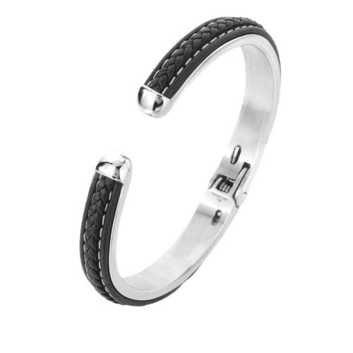304 Stainless Steel Cuff Bangle, with PU Leather, vintage & for man, Inner Approx 