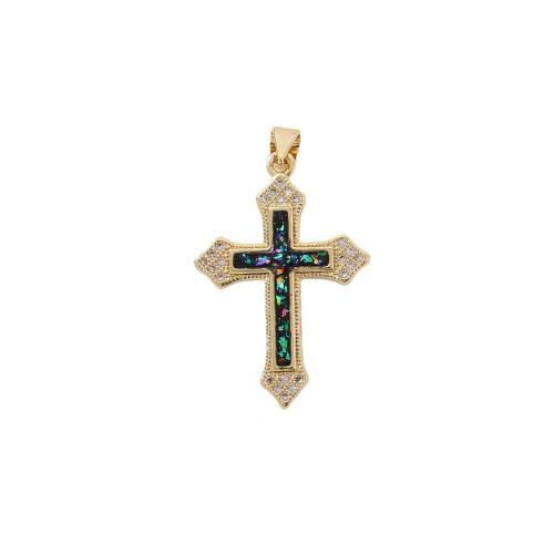 Messing Kreuz Anhänger, mit Opal & Muschel, goldfarben plattiert, DIY & Micro pave Zirkonia, keine, 22x32mm, verkauft von PC