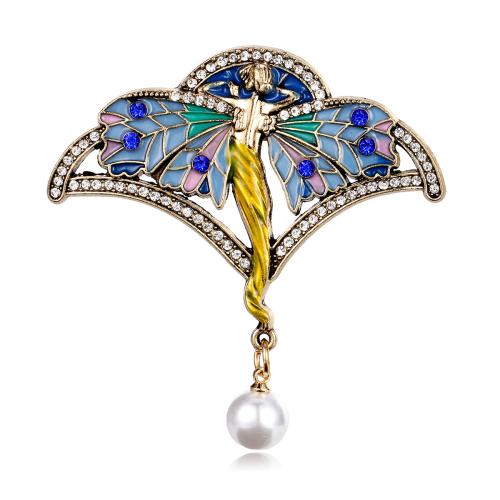 alliage de zinc broche, avec perle de plastique, ange, Placage de couleur d'or, pour femme & émail & avec strass Vendu par PC[