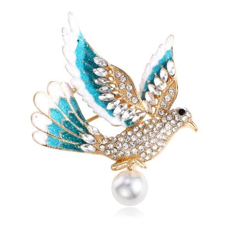alliage de zinc broche, avec perle de plastique, colombe, Placage de couleur d'or, pour femme & émail & avec strass Vendu par PC[