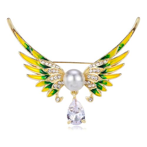 alliage de zinc broche, avec perle de plastique, aile d'ange, Placage de couleur d'or, pour femme & émail & avec strass Vendu par PC[