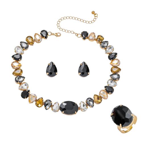 Crystal Jewelry Set, Stud Earring & finger ring & necklace, with Zinc Alloy, plated, three pieces & for woman 
