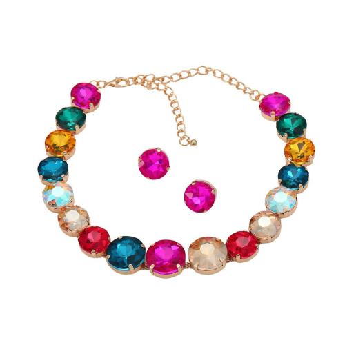Cristal Conjunto de joya, Pendiente de stud & collar, con metal, con 13cm extender cadena, chapado, 2 piezas & para mujer & con diamantes de imitación, más colores para la opción, longitud:aproximado 30 cm, Vendido por Set