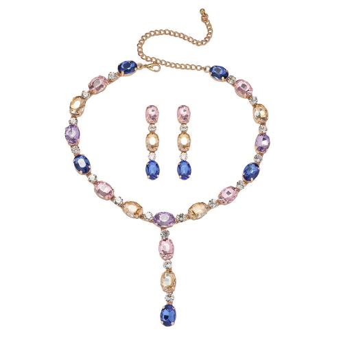 Cristal Conjunto de joya, pendiente & collar, con aleación de zinc, con 13cm extender cadena, chapado, 2 piezas & para mujer & con diamantes de imitación, más colores para la opción, earring size 52x18mm, longitud:aproximado 36.5 cm, Vendido por Set