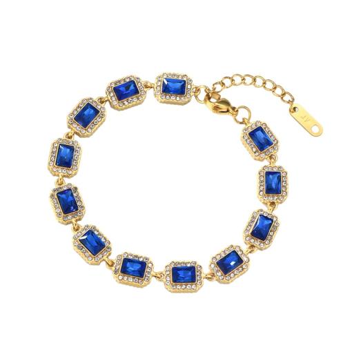 Partículas de acero Pulsera, con 3cm extender cadena, Cuadrado, chapado en color dorado, micro arcilla de zirconia cúbica & para mujer, más colores para la opción, longitud:aproximado 17 cm, Vendido por UD