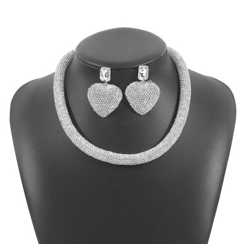 Zinc Alloy Jewelry Set, Stud Earring & necklace, plated, 2 pieces & for woman & with rhinestone [