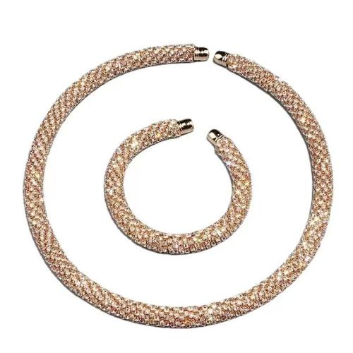Titanium Steel Bracelet and Necklace, plated, 2 pieces & for woman & with rhinestone necklace length 38cm, bracelet length 15cm [