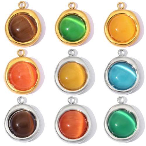 Katzenauge Anhänger, 304 Edelstahl, mit Katzenauge, rund, plattiert, DIY, keine, 11x14mm, 3PCs/Tasche, verkauft von Tasche