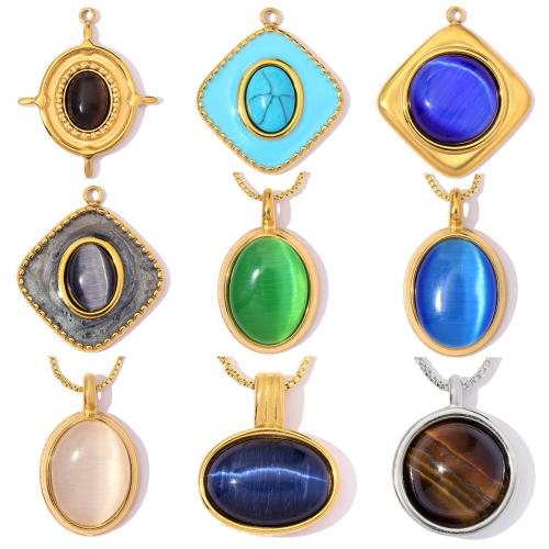 Gemstone Jewelry Pendants, 304 Stainless Steel, with Gemstone & Cats Eye, plated, DIY & enamel 