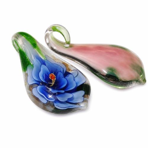 Colgantes de cristal de flor interior, Cristal de murano, Hoja, arena dorada & 2-tono, más colores para la opción, 27x54x12.5mm, agujero:aproximado 7mm, Vendido por UD