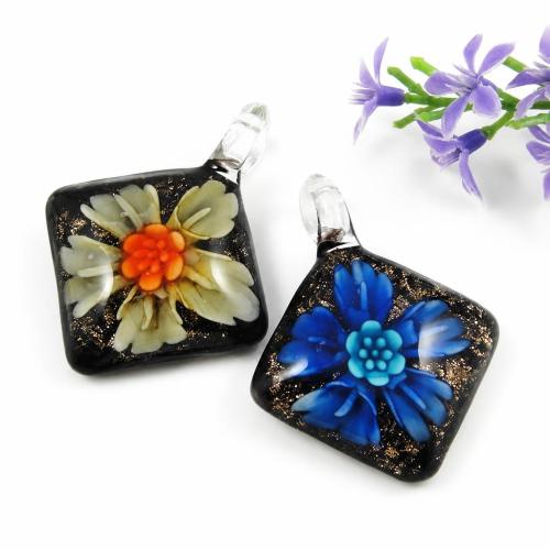 Colgantes de cristal de flor interior, Cristal de murano, Rombo, con la cadena de extensión & 2-tono, más colores para la opción, 39x12mm, agujero:aproximado 6mm, Vendido por UD
