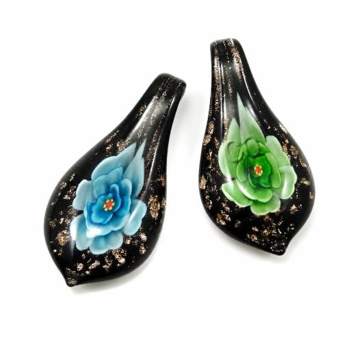 Colgantes de cristal de flor interior, Cristal de murano, Hoja, 2-tono & arena dorada, más colores para la opción, 25x50x11mm, agujero:aproximado 11x6mm, Vendido por UD