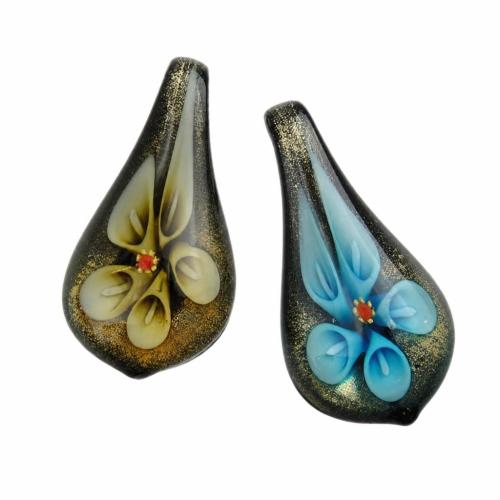 Colgantes de cristal de flor interior, Cristal de murano, Hoja, plovo dorado, más colores para la opción, 28x54x12mm, agujero:aproximado 9mm, Vendido por UD