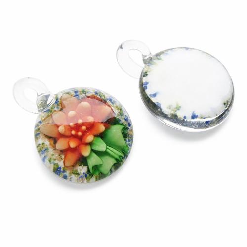 Colgantes de cristal de flor interior, Cristal de murano, Redondo aplanado, arena dorada, más colores para la opción, 35x35x13mm, agujero:aproximado 6mm, Vendido por UD