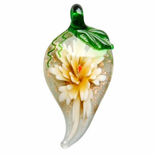Colgantes de cristal de flor interior, Cristal de murano, con Caja de plástico, Hoja, arena dorada, color mixto, 53x30.5x12mm, agujero:aproximado 7mm, 6PCs/Caja, Vendido por Caja