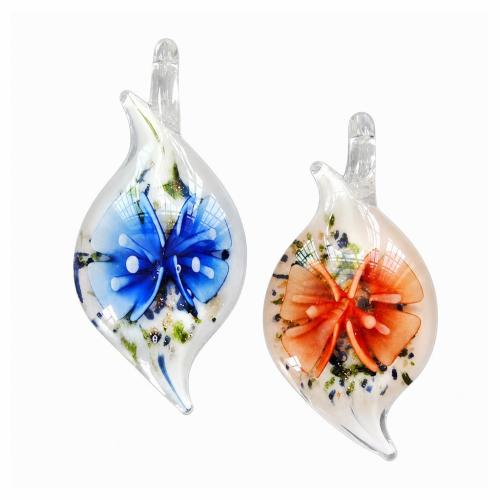 Colgantes de cristal de flor interior, Cristal de murano, con Caja de plástico, Hoja, color mixto, 49x26x13mm, agujero:aproximado 7mm, 12PCs/Caja, Vendido por Caja