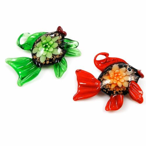 Colgantes de cristal de flor interior, Cristal de murano, Pez, arena dorada, más colores para la opción, 58x55x12mm, agujero:aproximado 12x7mm, Vendido por UD