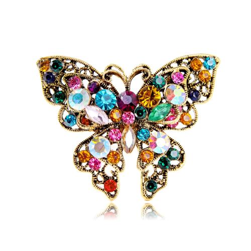alliage de zinc broche, papillon, Plaqué de couleur d'or antique, unisexe & avec strass Vendu par PC