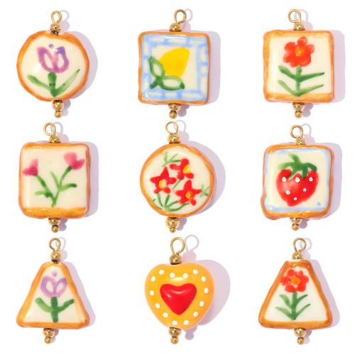 Porcelain Pendants, 304 Stainless Steel, with Porcelain, gold color plated, DIY [