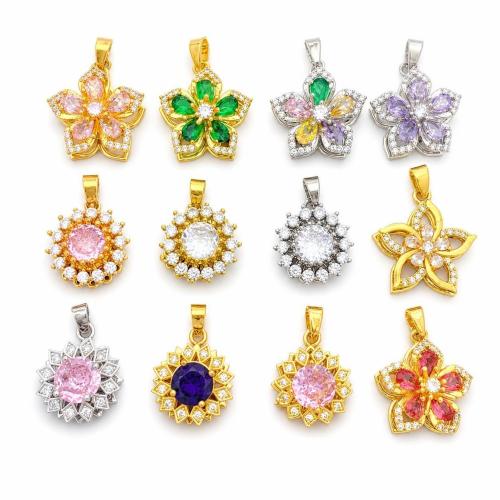 Cubic Zirconia Micro Pave Brass Pendants, Flower, plated, DIY & micro pave cubic zirconia, pendent size 13-17.5mm 