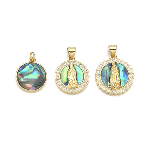 Colgante de concha de abulón, metal, con Nácar de Abulón, Redondo aplanado, chapado en color dorado, Bricolaje & diferentes estilos para la opción & micro arcilla de zirconia cúbica, Vendido por UD