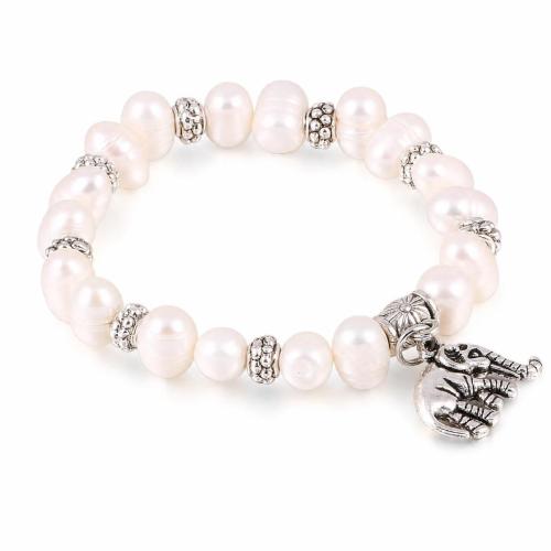 Perlas cultivadas de agua dulce Pulsera, con aleación de zinc, Elefante, Vintage & para mujer, Blanco, longitud:aproximado 7 Inch, Vendido por UD[