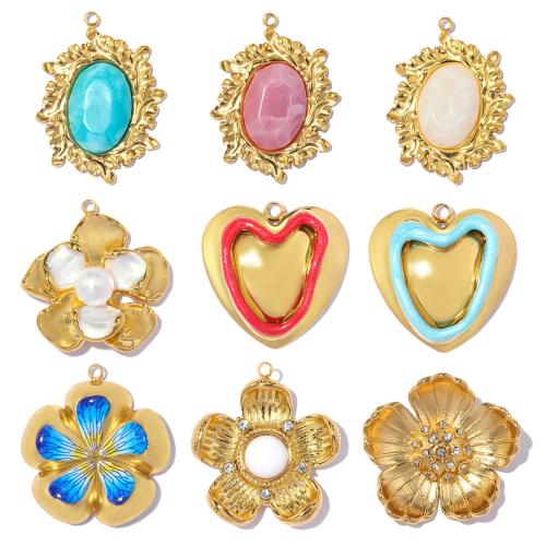 Titanium Steel Pendants, with Gemstone & Plastic Pearl, plated, DIY & enamel & with rhinestone 