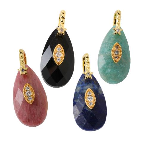 Gemstone Brass Pendants, with Brass, Teardrop, gold color plated, DIY & micro pave cubic zirconia 