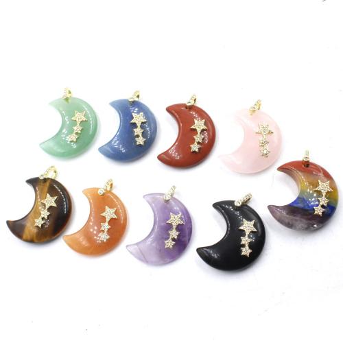 Gemstone Zinc Alloy Pendants, with Zinc Alloy, Moon, polished, DIY & with rhinestone 