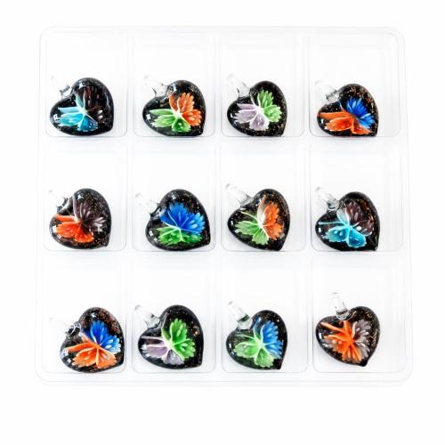 Colgantes de cristal de flor interior, Cristal de murano, con Caja de plástico, Corazón, arena dorada, color mixto, 30x32x16mm, agujero:aproximado 7mm, 12PCs/Caja, Vendido por Caja