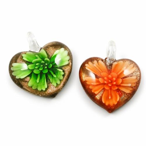 Colgantes de cristal de flor interior, Cristal de murano, Corazón, arena dorada, más colores para la opción, 33x36x13mm, agujero:aproximado 5mm, Vendido por UD