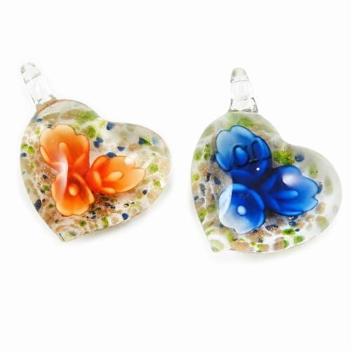 Colgantes de cristal de flor interior, Cristal de murano, Corazón, con la cadena de extensión, más colores para la opción, 32x31x17mm, agujero:aproximado 6mm, Vendido por UD