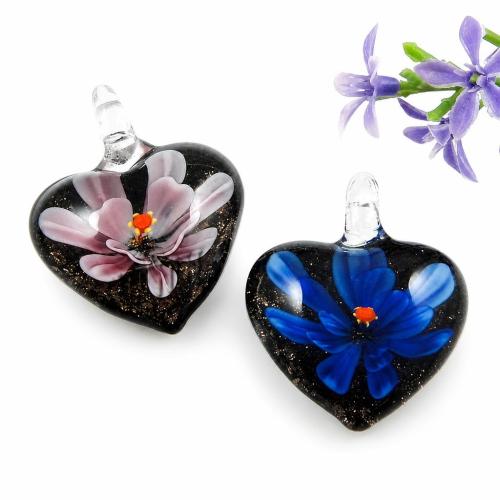 Colgantes de cristal de flor interior, Cristal de murano, Corazón, con la cadena de extensión & 2-tono, más colores para la opción, 33x30x16mm, agujero:aproximado 6mm, Vendido por UD