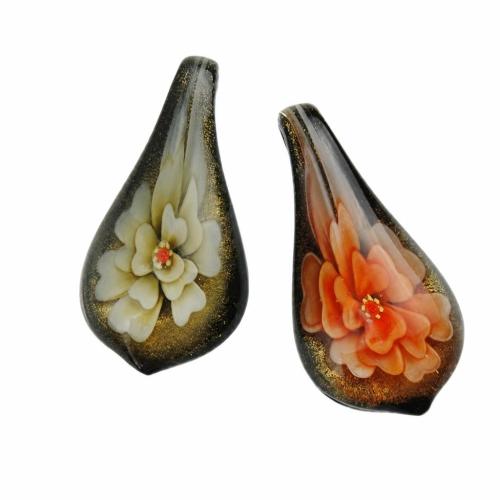 Colgantes de cristal de flor interior, Cristal de murano, Hoja, plovo dorado, más colores para la opción, 28x55x12mm, agujero:aproximado 8mm, Vendido por UD
