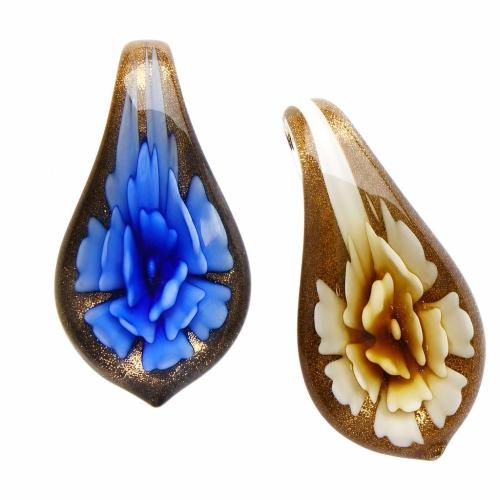 Colgantes de cristal de flor interior, Cristal de murano, Hoja, arena dorada, más colores para la opción, 52x26.5x14.5mm, agujero:aproximado 6mm, Vendido por UD