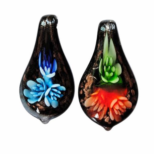 Colgantes de cristal de flor interior, Cristal de murano, con Caja de plástico, Gota, arena dorada, color mixto, 58x30x11mm, agujero:aproximado 5mm, 12PCs/Caja, Vendido por Caja