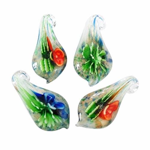 Colgantes de cristal de flor interior, Cristal de murano, Hoja, arena dorada, más colores para la opción, 58x29x11mm, agujero:aproximado 6mm, Vendido por UD