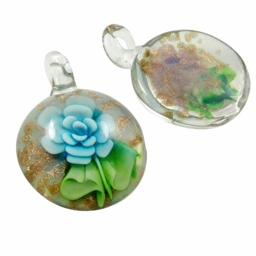 Colgantes de cristal de flor interior, Cristal de murano, Redondo aplanado, arena dorada & 2-tono, más colores para la opción, 35x11mm, agujero:aproximado 8mm, Vendido por UD