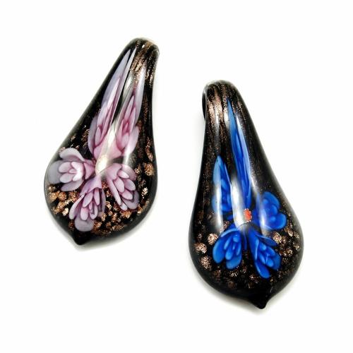 Colgantes de cristal de flor interior, Cristal de murano, Hoja, arena dorada & 2-tono, más colores para la opción, 27x54x12mm, agujero:aproximado 7mm, Vendido por UD