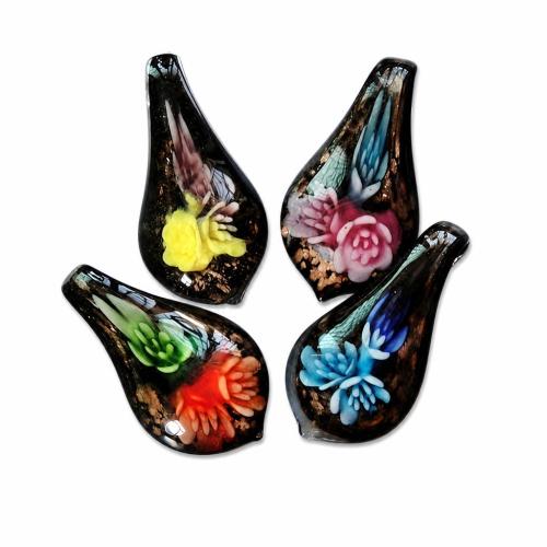 Innere Blume Murano Anhänger, Lampwork, Blatt, Goldsand & innen Blume, keine, 58x30x11mm, Bohrung:ca. 6mm, verkauft von PC