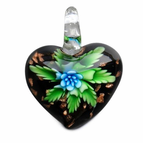 Innere Blume Murano Anhänger, Lampwork, mit Kunststoff Kasten, Herz, Goldsand & innen Blume, gemischte Farben, 33x37x12mm, Bohrung:ca. 6.5mm, 6PCs/Box, verkauft von Box