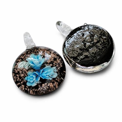 Innere Blume Murano Anhänger, Lampwork, mit Kunststoff Kasten, flache Runde, Goldsand & innen Blume, gemischte Farben, 35x35x13mm, Bohrung:ca. 7mm, 12PCs/Box, verkauft von Box