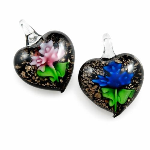 Innere Blume Murano Anhänger, Lampwork, Herz, Goldsand & innen Blume, gemischte Farben, 36x37x12mm, Bohrung:ca. 9mm, 12PCs/Box, verkauft von Box